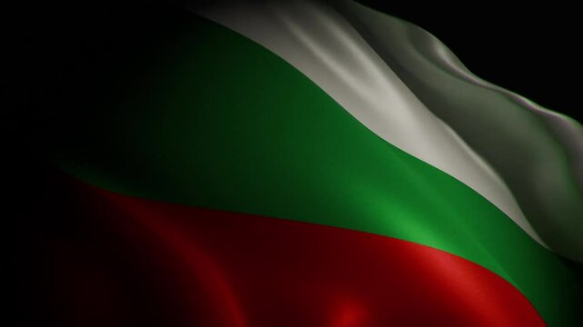 A closeup, spotlight-lit realistic 3D animation of the Bulgarian flag waving, showcasing its vibrant colors and smooth, flowing motion.