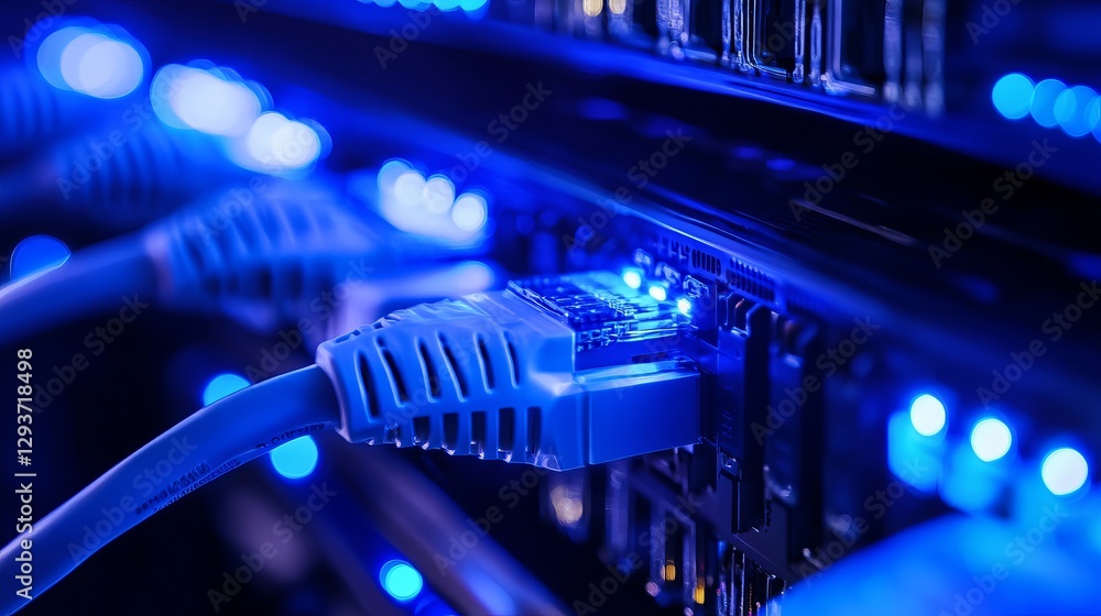 Poster blue network cables connected to server rack modern technology digital data center infrastructure hi