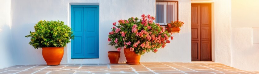 Fototapeta premium Mediterranean coastal village with warm dappled sunlight ambiance.