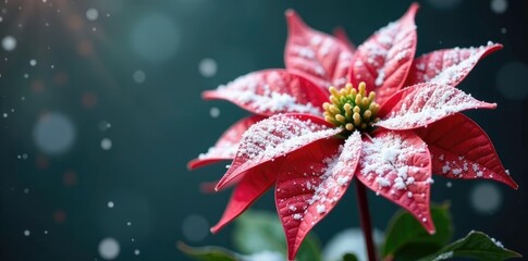 Snowy white petals unfolding on a bright red stem, snow, Christmas poinsettia, festive decoration
