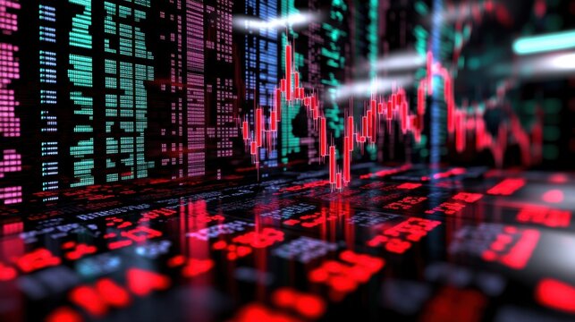 Technology-driven market trends graph, animated stock data with futuristic glowing elements