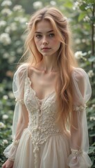 Naklejka premium Young woman in vintage-inspired, intricately embroidered white lace dress stands in lush garden. Romantic and ethereal look. Wedding, fashion, and lifestyle themes.