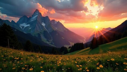 Sunset over Schlern mountain with Alpe di Siusi in the background, seiser alm, countryside, landscape