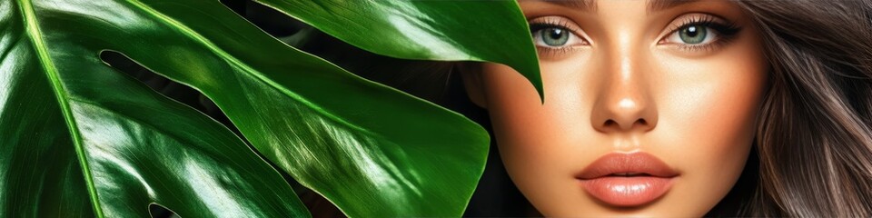 Fototapeta premium Close-Up Beauty Woman with Flawless Skin and Tropical Monstera Leaf, Natural Skincare Concept