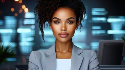 Fototapeta premium Portrait of a confident and ambitious African American female executive wearing formal business attire standing in an illuminated urban environment with city lights and bokeh effect in the background