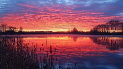 Obraz premium Fiery Sunset Reflected on Serene Lake