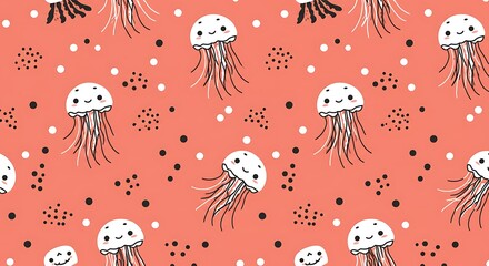 Seamless Pattern of Cute Jellyfish in Pink and White on Coral Reef Background
