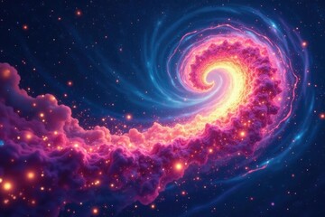 Swirling cosmic wind carries colorful lights across starry night sky, cosmic wind, colorful lights, glowing ornaments