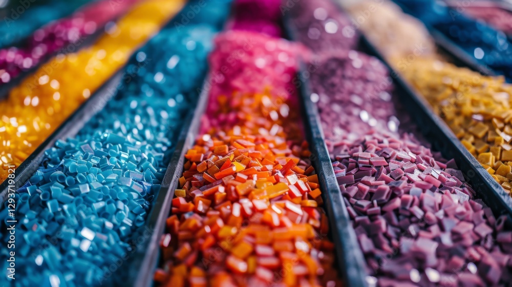 Aufkleber various vibrant resin chunks are arranged neatly in trays, showcasing an array of colors including p