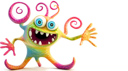 A colorful monster with big eyes and a big smile is waving at the camera