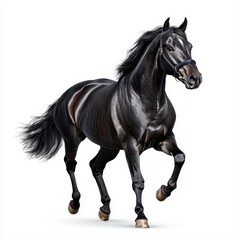 Fototapeta premium Majestic black horse galloping gracefully on a pure white background with dynamic motion and powerful presence