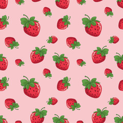 Strawberry seamless pattern. Repeating pattern with strawberries. Summer pattern on pink background. Juicy red seamless strawberries