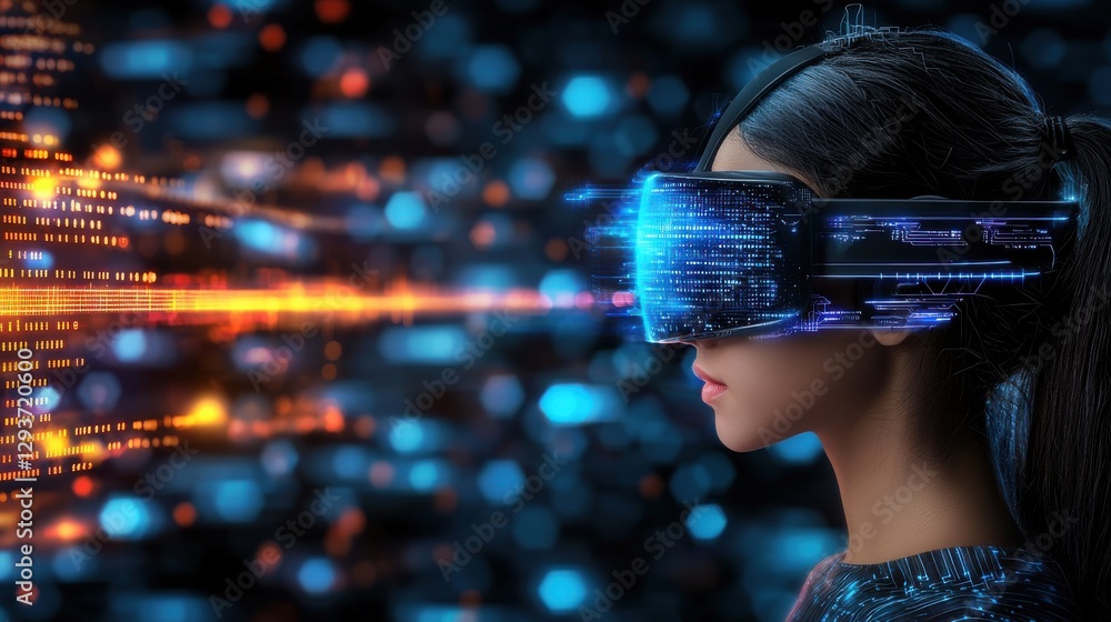Poster a person wearing a virtual reality headset completely immersed in a futuristic digital cyberspace la