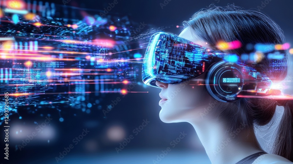 Poster a futuristic scene depicting an immersive virtual reality experience with a person wearing a headset