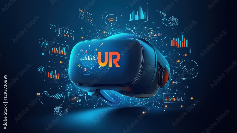 Poster virtual reality vr headset with futuristic digital analytics visualization dashboard advanced techno