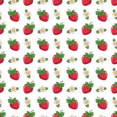 Strawberry seamless pattern. Repeating pattern with strawberries. Summer pattern on transparent  background. Juicy red seamless strawberries with flowers