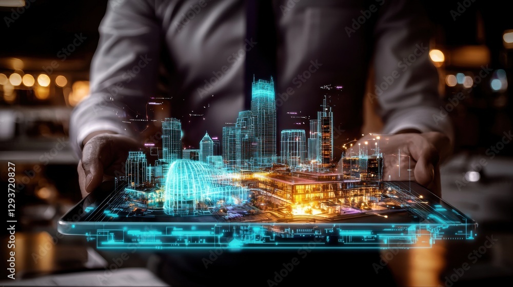 Poster illuminated futuristic city skyline with glowing architecture skyscrapers and cityscape visualizing 