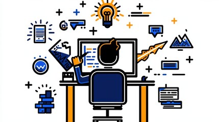 Digital workplace showcasing a creative environment with a computer desk and a glowing lightbulb symbolizing an inspiring idea or innovative solution  The concept represents problem solving strategy