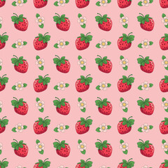 Strawberry seamless pattern. Repeating pattern with strawberries. Summer pattern on pink background. Juicy red seamless strawberries with flowers
