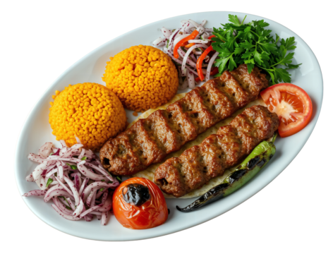 Turkish adana kebap plate with bulgur and vegetables - Turkish cuisine kebap in an oval plate, transparent PNG background