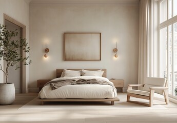 A spacious bedroom with large windows, featuring an elegant bed and armchairs in neutral tones of beige or white. 