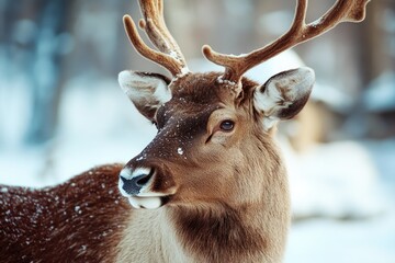 Fototapeta premium A deer's face in winter scenery with snow