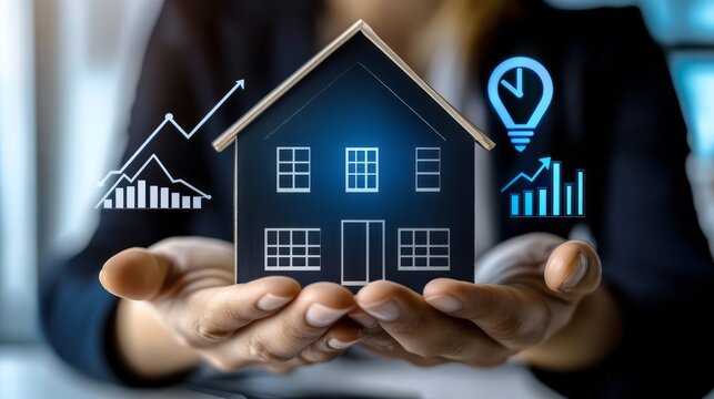 Real estate market growth. hand holding house model with upward arrows and percentage signs, symbolizing property investment and mortgage rate trends. Property investment insights, housing market.