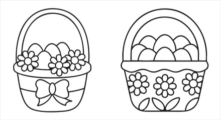 Two decorative baskets filled with flowers and Easter eggs, outlined for coloring.