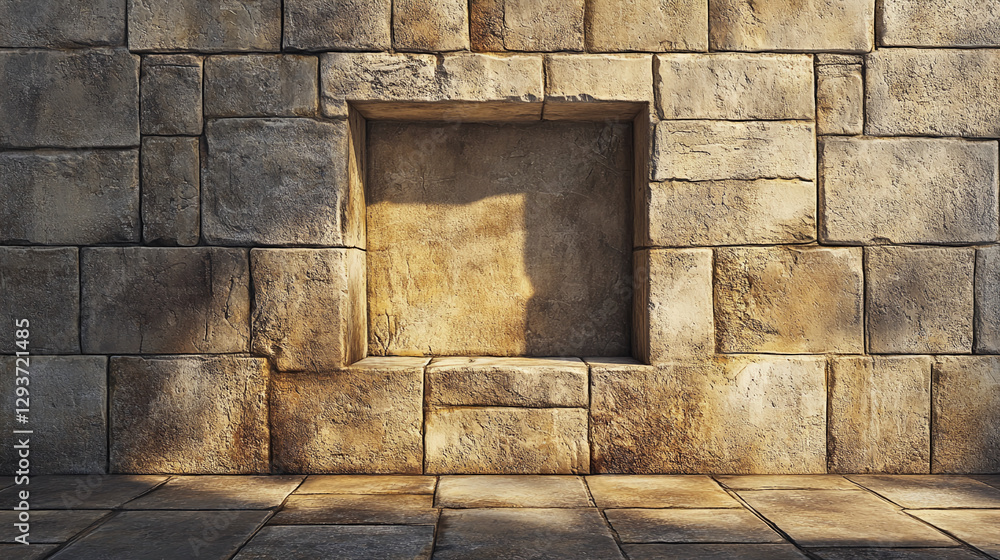 Poster A textured stone wall with a rectangular cut-out space, featuring aged stone blocks and soft lighting, symbolizing architectural design, empty space, and minimalism.