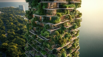 Sleek skyscraper enveloped in verdant foliage cascades down its terraces, from a grand rooftop to an elegant base. Architectural harmony meets nature's embrace