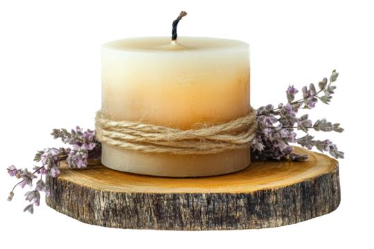 Candle on a wooden stand and surrounded by lavender flower. Transparent background