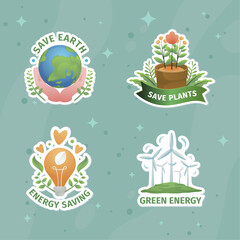 Stickers featuring ecofriendly messages and symbols on a green background; perfect for promoting sustainability, environmental awareness, and ecoconscious brands