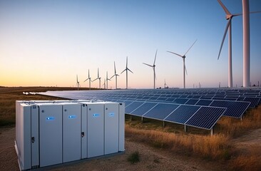 Solar Panels and Wind Turbines at Sunset