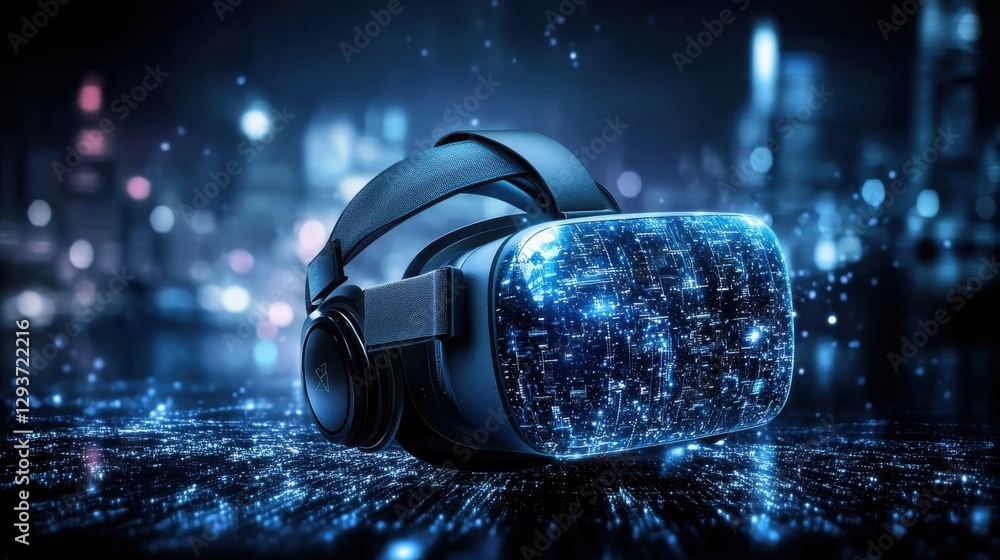 Poster futuristic virtual reality headset illuminated in a glowing neon lit cityscape at night the high tec