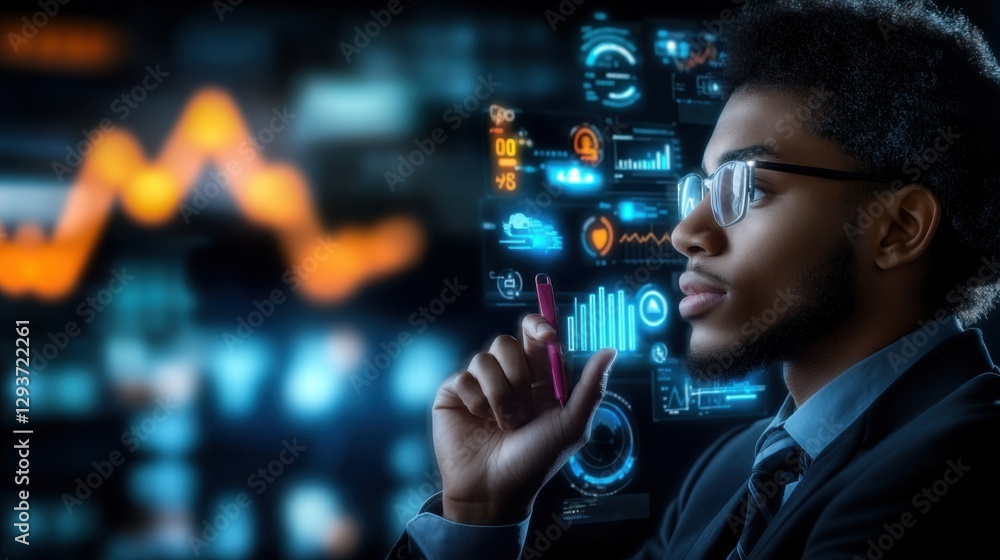 Aufkleber businessman immersed in futuristic digital analytics dashboard on laptop analyzing data statistics a