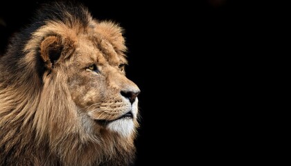 Powerful African Lion Staring Intently, Set Against a Dramatic Black Backdrop with Shimmering Eyes, Exuding Regality and Majesty.