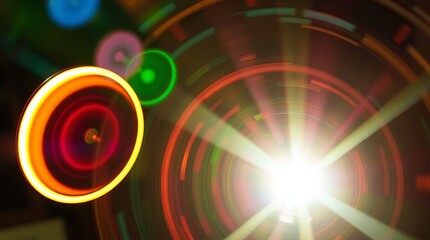 An abstract image featuring vibrant light trails and circular bokeh effects, creating a sense of movement and energy.