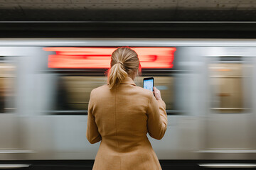 Woman on subway platform using her mobile phone while a train rushes by; capturing the fast-paced urban lifestyle and connectivity on the go.