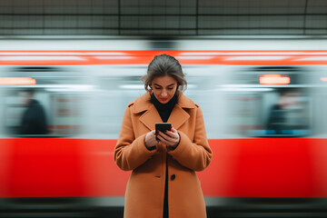 Woman using phone in subway station. Commuters rely on mobile devices for information & communication while on the go. Fast moving transit.