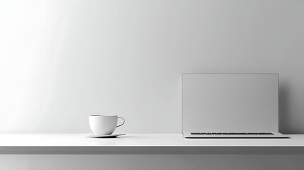 A white laptop sits on a table next to a white coffee cup
