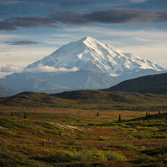 Fototapeta premium mountain with blue sky. untouched splendor of Denali National Park in Alaska featuring majestic Denali mountain expansive feeling of excitement and respect evoked by this.