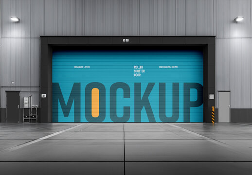 Large Industrial Outdoor Roller Shutter Gate Garage Door Mockup for Advertising & Branding Display