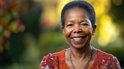 African American woman beams with joy, radiating warmth and confidence.
