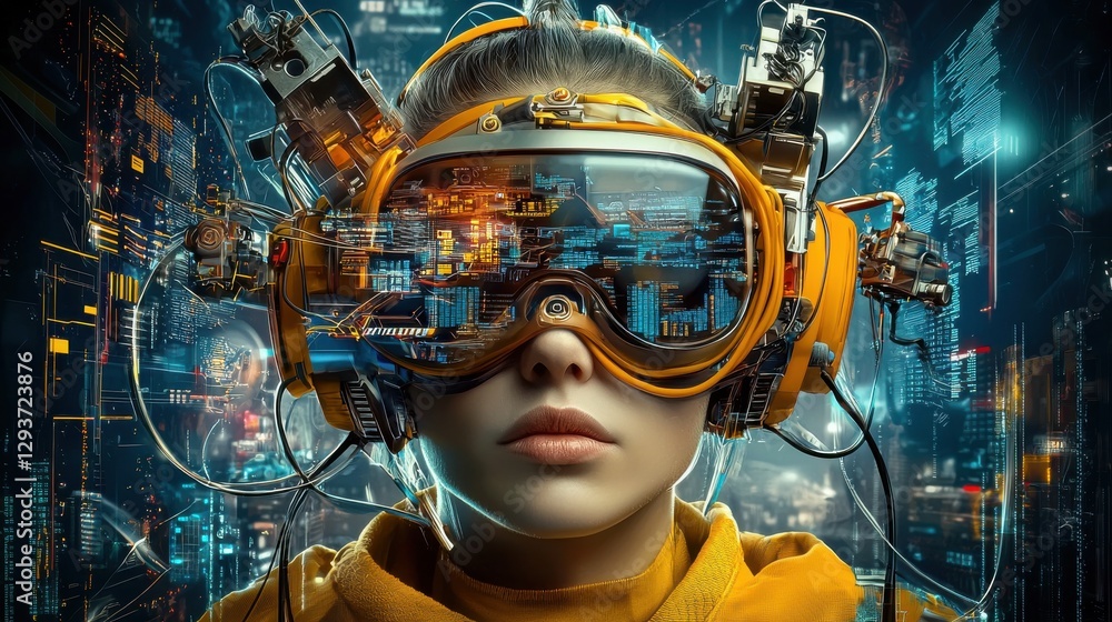 Poster futuristic technology virtual reality headset interface with digital data and interactive visualizat