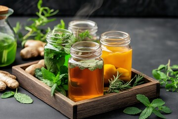 Herbal Infusions: Jars of fresh steeped drinks with steam rising above