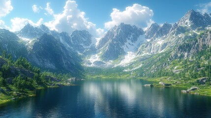 Fototapeta premium Sunny alpine lake nestled in mountain valley