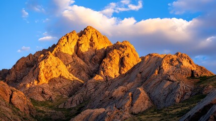 Fototapeta premium Serene mountain landscape with golden dappled sunlight on rocky cliffs, majestic beauty.