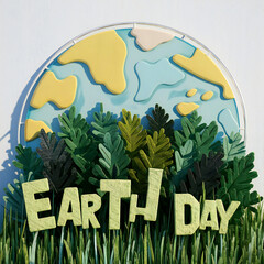 Earth Day Illustration: Paper Cutout Style Globe with Trees and Grass - Environmental Awareness Art for Eco-Friendly Celebrations
