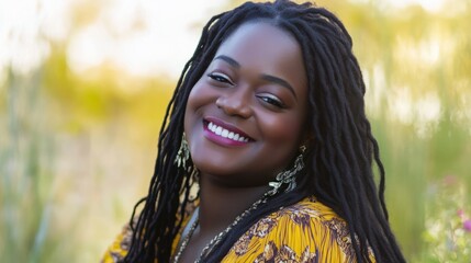 African American woman beams with joy, radiating warmth and confidence.
