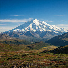 Fototapeta premium mountain with blue sky. untouched splendor of Denali National Park in Alaska featuring majestic Denali mountain expansive feeling of excitement and respect evoked by this.